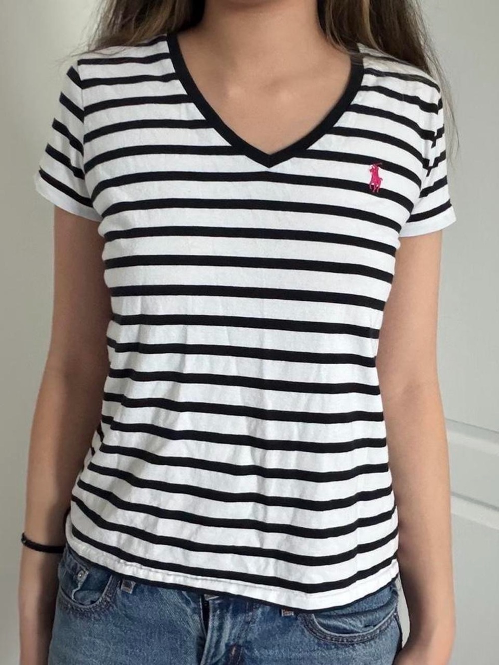 Ralph Lauren Black & White Striped V-Neck Tee with Pink Logo